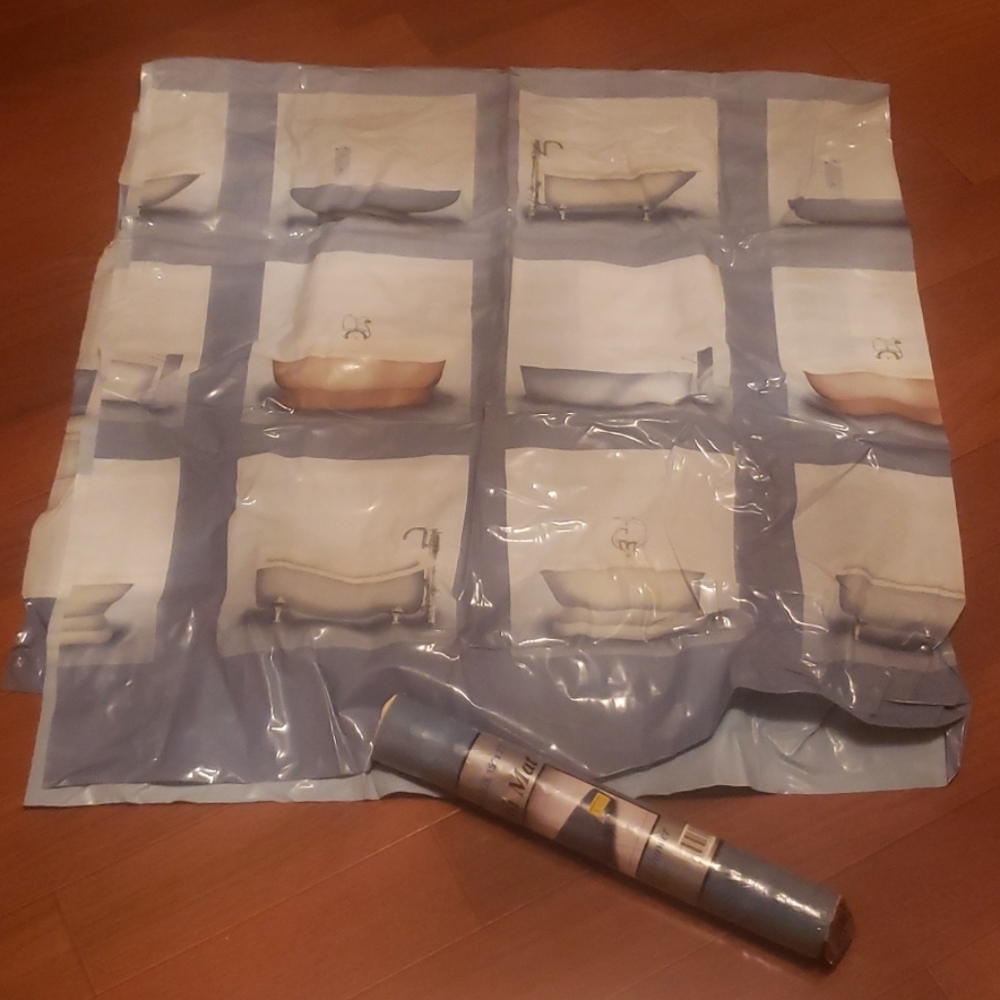 Blue Bathtub Print Shower Curtain & XL Rubber Bath Mat Set 15x27 NWOT/NWT